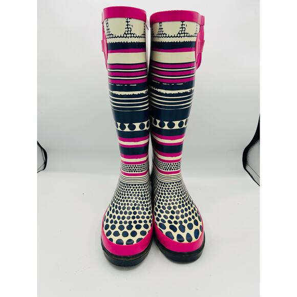 Journee Collection Women’s Rain Boots Size 6 Pink Navy Block Heel Waterproof - Picture 4 of 6